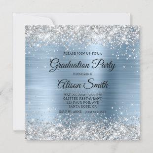 Silver Glitter Pale Blue Monogram Graduation Party Invitation