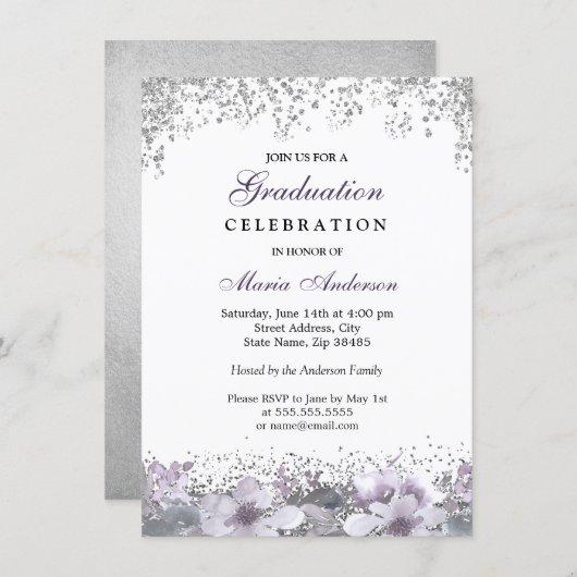 Silver Glitter Purple Floral Graduation Party Invitation