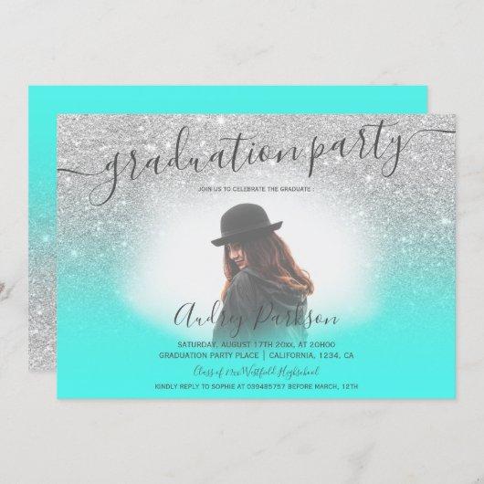 Silver glitter turquoise chic photo graduation invitation