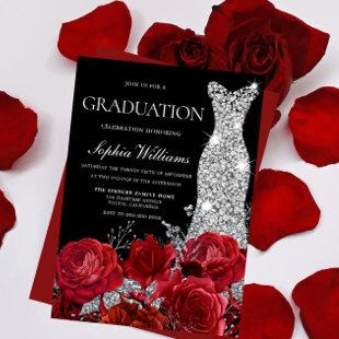 Silver Gown Red Roses Black Graduation Party Invit Invitation