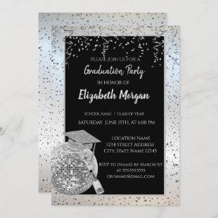 Silver  Graduation Cap,Disco Ball Confetti, Wine Invitation