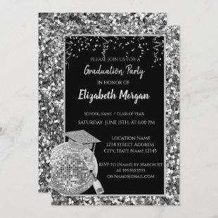 Silver Graduation Cap,Disco Ball,Wine,Sequins Invitation