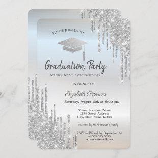 Silver Graduation Cap Glitter Drips Invitation