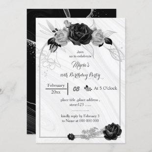silver gray & black flowers birthday  invitation