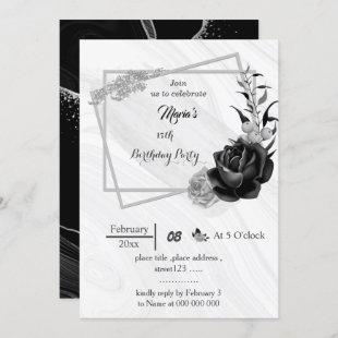 silver gray & black flowers geometric birthday  invitation