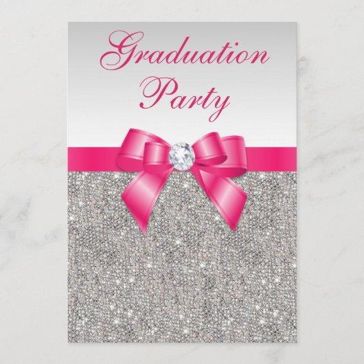 Silver Jewels Hot Pink Bow Girls Graduation Party Invitation