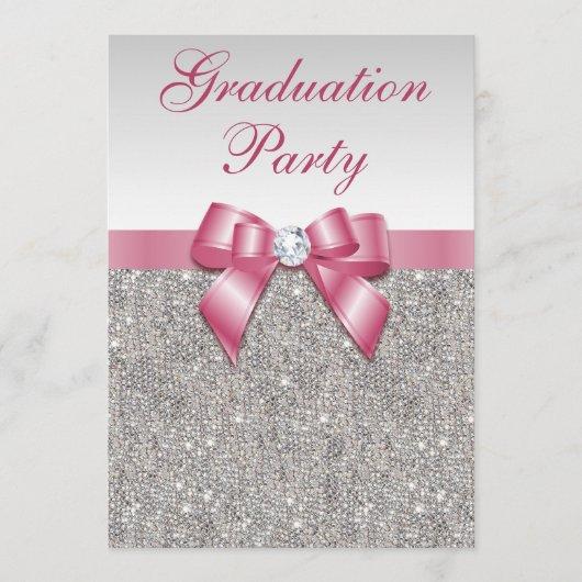 Silver Jewels Pink Bow Girls Graduation Party Invitation