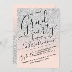 Silver Pink Faux Sparkly Glitter Ombre Graduation Invitation