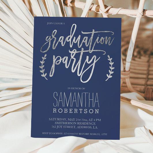 Silver typography navy blue graduation party invitation