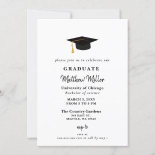 Simple Black Grad Hat Classy Graduation  Invitation