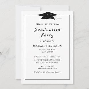 Simple Black White Graduation Party Invitation Cap