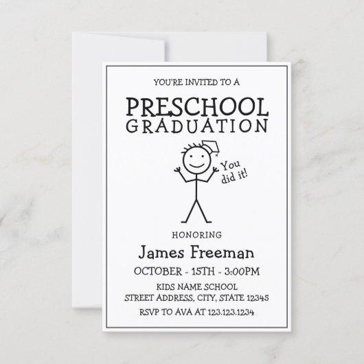 Simple Black & White Stick Preschool Graduation Invitation