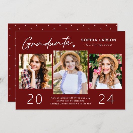 Simple Burgundy Red 3 Photo Collage Graduation Announcement