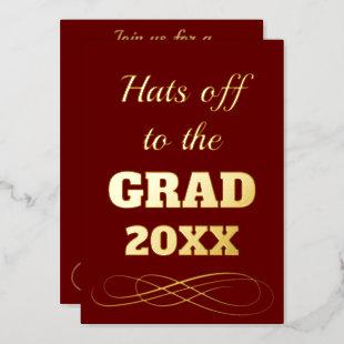 Simple Classy Burgundy Hats Off to the Grad   Foil Invitation