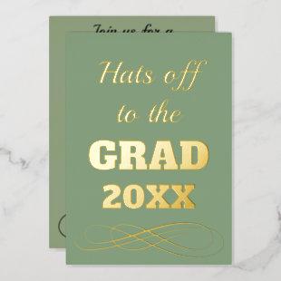 Simple Classy Sage Green Hats Off to the Grad  Foil Invitation