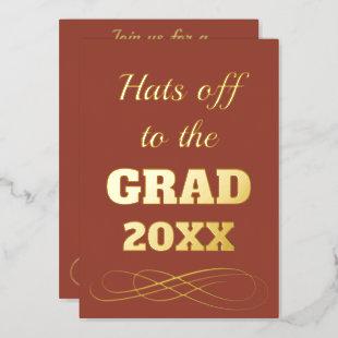 Simple Classy Terracotta Hats Off to the Grad    Foil Invitation