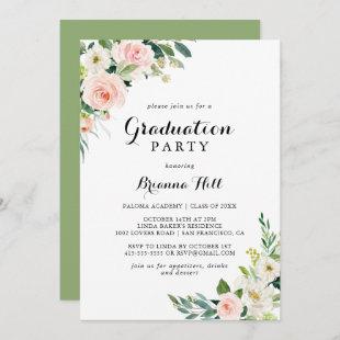 Simple Floral Green Calligraphy Graduation Party Invitation