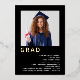 Simple Grad 2024 Photo Graduation Black Gold Real  Foil Invitation