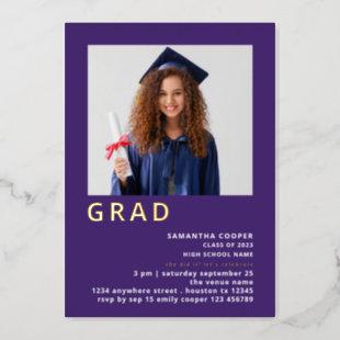 Simple Grad 2024 Photo Graduation Purple Gold Real Foil Invitation