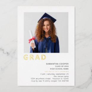 Simple Grad 2024 Photo Graduation White Gold Real  Foil Invitation