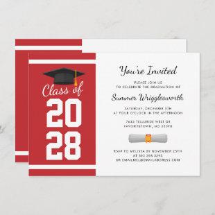Simple Graduation Cap Red White Grad Party Invitation
