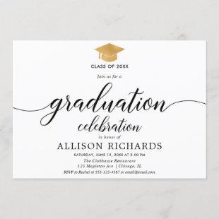 Simple graduation, white gold calligraphy modern invitation