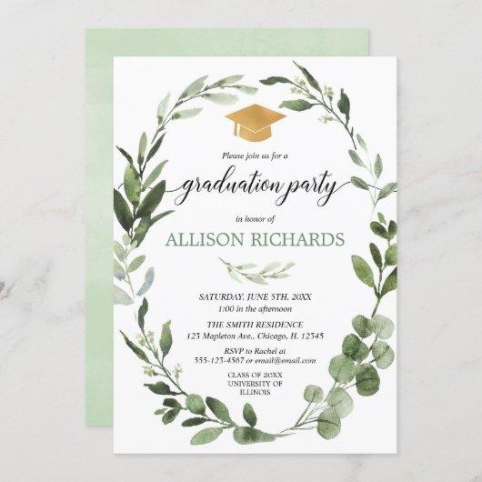 Simple modern graduation party greenery green gold invitation