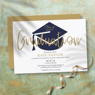 Simple Navy Blue And Gold Script Graduation Party  Invitation