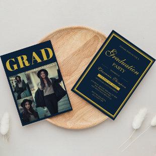 Simple Photo Gold Border | Navy Blue Graduation Invitation