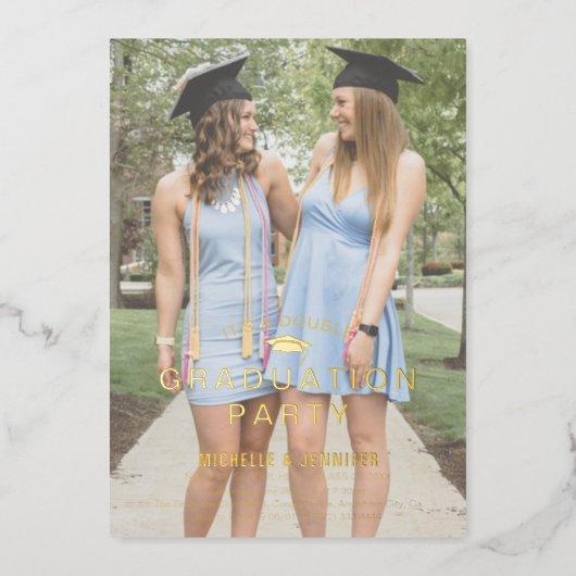 Simple Photo Overlay Double Graduation Gold Foil Invitation