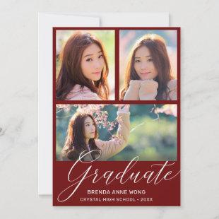 Simple Red Graduation 3 Photo Collage White Script Announcement