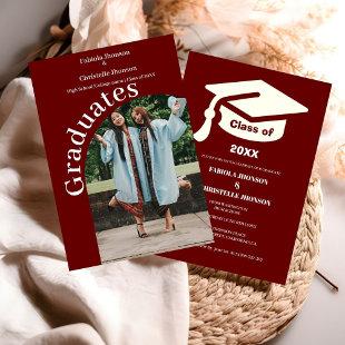 Simple script  burgundy double graduation announcement