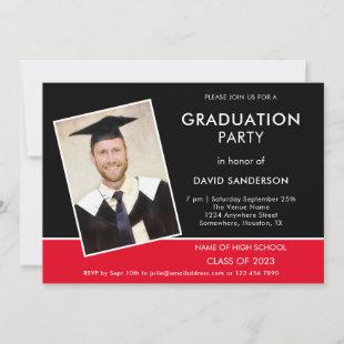 Simple Text Photo Gold Black Red 2023 Graduation Invitation