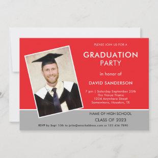 Simple Text Photo Red Silver 2024 Graduation  Invi Invitation