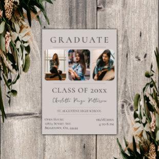 Simple Three Photo Graduation | Beige Invitation