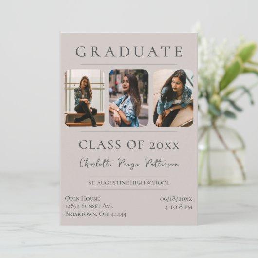 Simple Three Photo Graduation | Beige Invitation