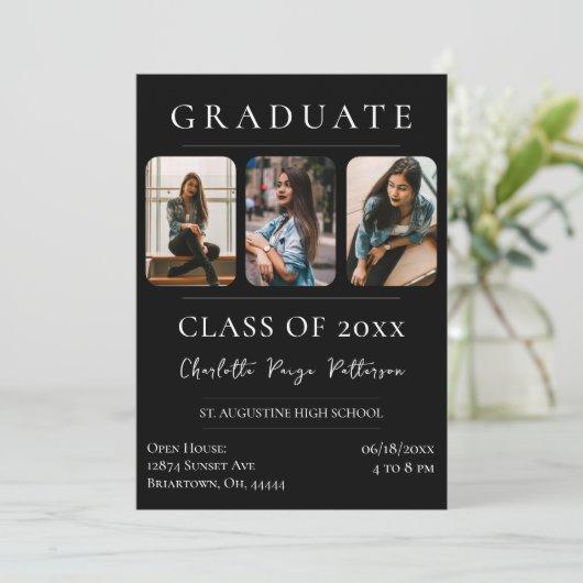 Simple Three Photo Graduation | Black Invitation