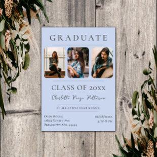 Simple Three Photo Graduation | Blue Invitation