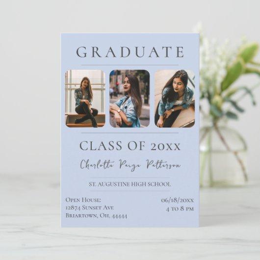 Simple Three Photo Graduation | Blue Invitation