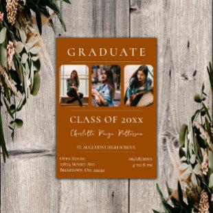 Simple Three Photo Graduation | Burnt Orange Invitation