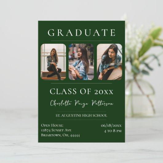 Simple Three Photo Graduation | Emerald Green Invitation