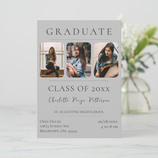Simple Three Photo Graduation | Gray Invitation