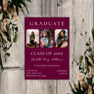 Simple Three Photo Graduation | Magenta Invitation