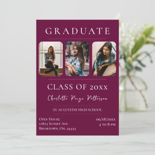 Simple Three Photo Graduation | Magenta Invitation
