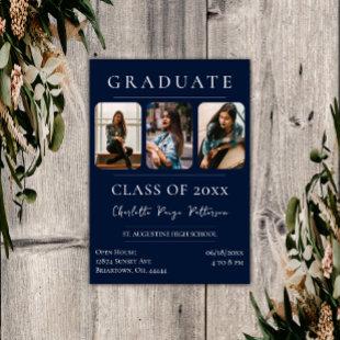 Simple Three Photo Graduation | Navy Blue Invitation