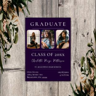 Simple Three Photo Graduation | Purple Invitation