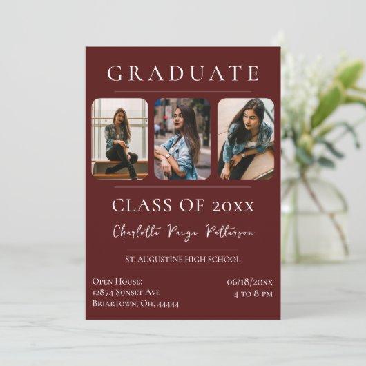 Simple Three Photo Graduation | Red Invitation
