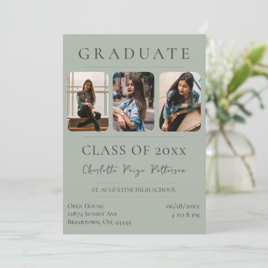Simple Three Photo Graduation | Sage Green Invitation