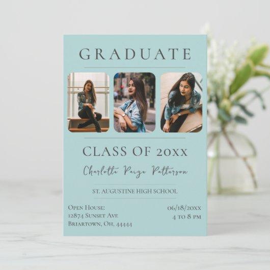 Simple Three Photo Graduation | Teal Invitation