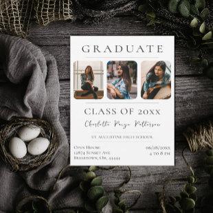 Simple Three Photo Graduation | White Invitation
